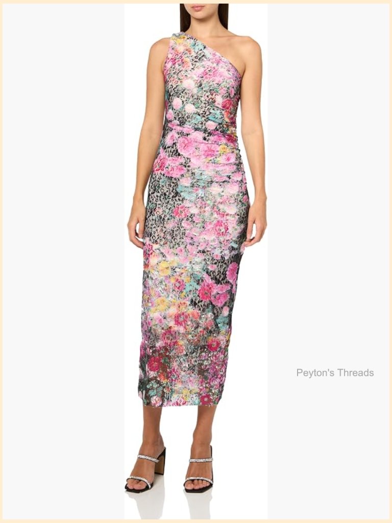 Bodycon Midi Dress One Shoulder Sleeveless Floral Pull On Nylon